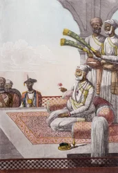 Cultura, civiltà e società indiana: ritratto di un Radjah (Rajah) sovrano dei Brahmani, India. Incisione del 1808.