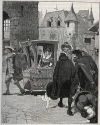 Posate: barcaioli circondano la sedia di Marie de Rabutin-Chantal, Marchesa di Sévigné, per venderle coltelli al suo arrivo a Nogent nel 1675. Incisione del 1885 in 