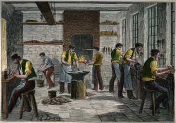 Officina di posate in Francia nel XIX secolo. Incisione del 1885 in "Les arts et métiers illustrés" di Adolphe Bitard.
