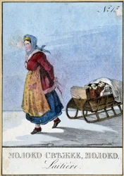 Lattaia in Russia che trasporta le sue lattine di latte su una slitta, Biblioteca delle Arti Decorative