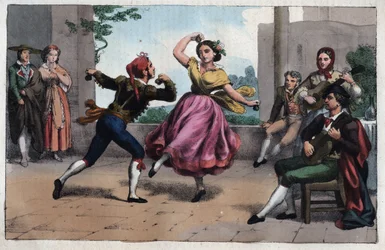 Danza del bolero e costumi di Granada - incisione da «Usi e Costumi di Tutti i Popoli dell