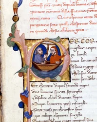 Dante Alighieri: Divina Commedia incipit del Purgatorio. Dante e Virgilio. Manoscritto del XIV secolo. Milano, Biblioteca Trivulziana