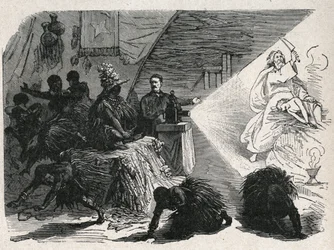David Livingstone, missionario ed esploratore scozzese, con la lanterna magica nei Balonda.