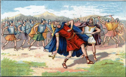 Morte di Giuda Maccabeo (Maccabeo o Macabeo) o Yeouda Hamakabi guerriero ebreo (200-160 a.C.). Cromolitografia del XIX secolo