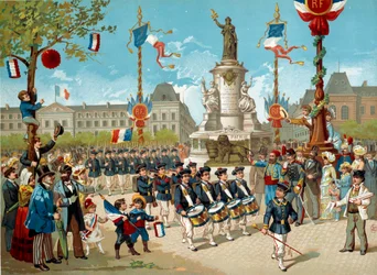 Sfilata dei bambini dei battaglioni scolastici in Place de la République il 14/07/1883 a Parigi. Litografia del XIX secolo, Parigi, Musée Carnavalet