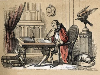 Descrizione dei diversi prodotti e usi della carta: ritratto di Georges Louis Leclerc, Conte di Buffon, naturalista e scrittore che scrive la sua Storia Naturale
