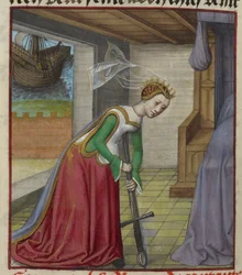 Dettaglio di una miniatura di Didone che si getta sulla propria spada e si suicida dopo il tradimento di Enea, da 