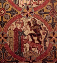 Dettaglio di un ricamo raffigurante la tentazione di san Martino. Arazzo islandese. 1390-1403. Parigi, Museo nazionale del Medioevo, Thermes de Cluny