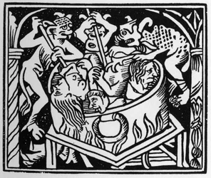 Diavoli che tormentano i lussuriosi in un pozzo di fuoco e zolfo - in 