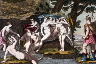 Diana sorpresa nel bagno dal cacciatore Atteone. Incisione dal "Dizionario mitologico" XIX secolo