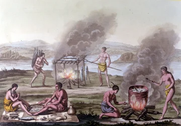 Scena di pranzo e cucina tra gli indiani della Florida. Incisione del XVII secolo