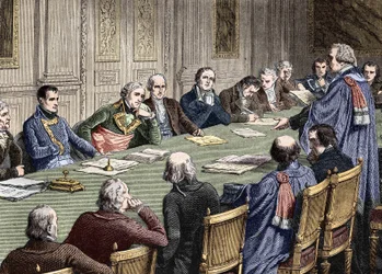 Discussione del Codice Civile al Consiglio di Stato (1800-1804), sotto la presidenza del primo console, Napoleone Bonaparte ha alla sua sinistra Jean Jacques Regis de Cambaceres. Incisione del XIX secolo.
