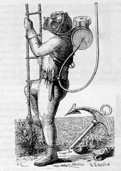 Subacqueo rivestito con abbigliamento in gomma e serbatoio regolatore - in "Le meraviglie della scienza" di Louis Figuier