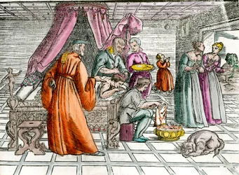 Medico: «Una trapanazione». Un chirurgo opera il cranio del suo paziente. Incisione del XVI secolo. Collezione privata