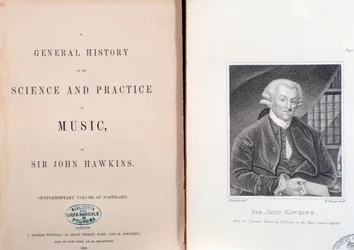 Doppia pagina e frontespizio di Storia Generale della Scienza e Pratica della Musica di John Hawkins
