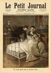 Dott. Emile Roux (1853-1933), batteriologo, collaboratore di Louis Pasteur (1822-1895), che sviluppò il vaccino contro la difterite (complicazione del morbillo nei bambini). Incisione in "Le petit journal" 24/09/1894. Collezione Selva.
