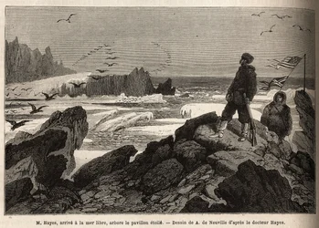 Il Dottor Hayes, arriva al mare libero del polo artico, lo scopo della sua spedizione, pianta la bandiera stellata americana. Incisione per illustrare il viaggio al mare libero del polo artico, del Dottor Hayes, chirurgo della Marina degli Stati Uniti, nel