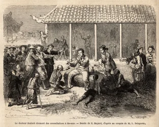 Il dottor Joubert che dà consultazioni a Se-Mao (Cina), incisione per illustrare il viaggio di esplorazione in Indocina, di Francis Garnier, 1866-1868