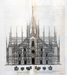 Disegno della facciata del Duomo di Milano che mostra la sua uniformità con il corpo dell