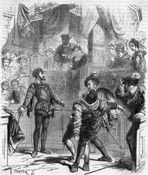 Duello con la spada di François de La Chataigneraie contro Guy de Jarnac; Jarnac ferì mortalmente il suo avversario tagliandogli lo stinco; nel 1547, incisione del XIX secolo