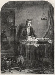 Il duca di Wellington (Arthur Wellesley (1769-1852)) scrive un dispaccio dopo Waterloo, 19 giugno 1815 - incisione 1852
