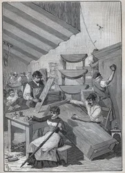 Ebanisteria: laboratorio di verniciatura a tampone. Incisione del 1885 in 