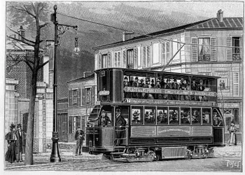 Tram elettrici da Parigi ad Aubervilliers: vista di un tram aereo fuori Parigi. Incisione in 