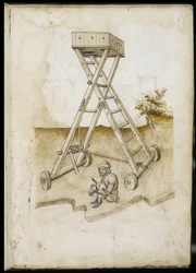 Dispositivo di elevazione e prigioniero attaccato - Manoscritto: foglio di pergamena di un manuale di ingegneria per la costruzione di edifici civili, religiosi e militari, anonimo, fine XV secolo (figura in inchiostro cinese)