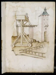 Sistema di elevazione e scale - Manoscritto: foglio di pergamena di un manuale di ingegneria per la costruzione di edifici civili, religiosi e militari, anonimo, fine XV secolo (figura in inchiostro cinese)