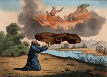 Elia, elevato al cielo, lascia a Eliseo il suo mantello come segno della successione. I due profeti andarono a Gerico quando Elia fu portato via in un cielo tempestoso da un carro di fuoco trainato da cavalli di fuoco, inviato da Dio. Incisione anonima