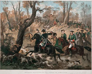 Imperatore Napoleone III (1808-1873) e sua moglie Eugenia de Montijo (1826-1920) passeggiano nella foresta di Compiegne. Litografia a colori intorno al 1855 Milano, Museo del Risorgimento