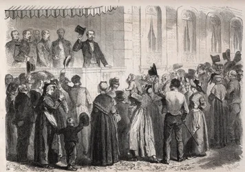 Imperatore Napoleone III (1808-1873) sulla terrazza della villa di Strauss a Vichy, salutato dalla gente della campagna domenica 7 luglio 1861 - Incisione in "The Illustrous World"