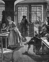 Inghilterra, fine XVII secolo: uomini che fumano in un caffè. Incisione del XIX secolo. In “Histoire de France” di Jules Michelet