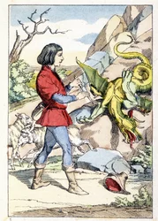 Incisione che rappresenta un pastore con un coltello pronto ad affrontare un drago. La bestia si irrigidì non appena il pastore aprì il coltello. Racconto di Charles Perrault: "Il flauto e il coltello incantato"