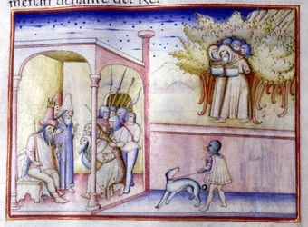 Episodio della vita di Giosafat di Giuda (868 a.C. - 847 a.C.). Manoscritto del XIV secolo. Milano, Bibl, Braidense