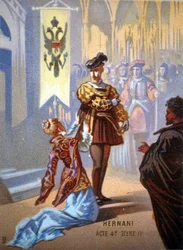 Ernani di Giuseppe Verdi, Atto IV, Scena IV. Cromolitografia XIX secolo