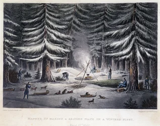 Allestimento di un campo durante una notte invernale - in "Narrative of a Journey to the Shores of the Polar Sea in the Years 1819-1821", di John Franklin, ed. Londra