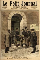 Eugene Turpin (1848-1927), chimico, inventore nel 1884 della melinite (un esplosivo), ingiustamente accusato di aver venduto la sua invenzione al nemico, fu innocente e liberato dalla prigione di Etampes. Incisione in "Le petit journal" 29/04/1893. Collezi