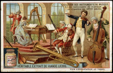 Evoluzione degli strumenti musicali: strumenti musicali da camera nel XVIII secolo - cromolitografia Liebig