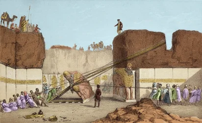 Scavi di Ninive (Nineveh) - Le rovine di Nimrud (Nimroud) di Henri Layard (dopo il suo viaggio in Mesopotamia nel XIX secolo); sostituzione del grande toro alato - Il trasporto di un toro alato da Nimrud, durante gli scavi di Sir Austen Henry