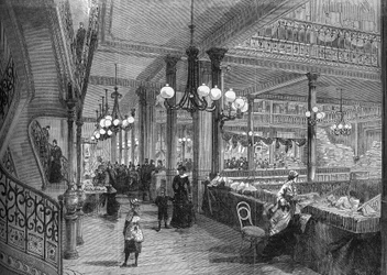 Espansioni dei negozi "Bon marché": Nuova galleria che conduce al Buffet. Parigi 1880