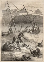 Spedizione intorno al mondo (1785-1788) di Jean François Galaup de La Pérouse (1741-1788): naufragio delle barche al porto dei Francesi (Alaska) - illustrazione tratta da "I grandi marinai del XVIII secolo"