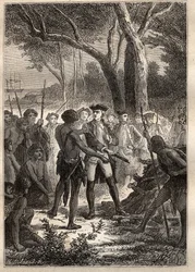 Spedizione di Nicolas Thomas Marion-Dufresne (Marion Dufresne) (1729-1772): Marion sbarcò nella Baia di Frederick Henry (Tasmania) e fu offerto un brandon acceso dagli indigeni - illustrazione tratta da 