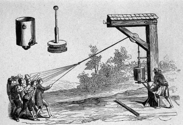 Esperimento condotto alla presenza del Principe Auerberg sul vuoto pneumatico dallo scienziato tedesco Otto von Guericke per calcolare la pressione atmosferica nel 1654. Tavola tratta da "Ottonis de Guericke: Experimenta Nova Magdeburgica de vacuo spatio"