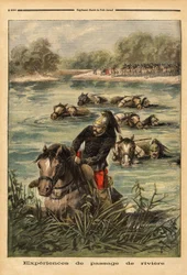 Esperienza di passaggio del fiume da parte del 7º reggimento di dragoni a Fontainebleau. Incisione in "Le petit journal" 6/09/1896. Collezione Selva
