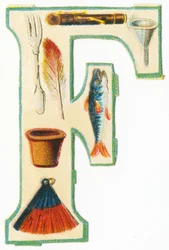 F: forchetta, flauto, imbuto, vaso di fiori, piuma, pesce, ventaglio
