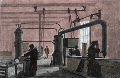 Fabbrica per la produzione di ghiaccio con il sistema di Ferdinand Carre (1824-1894). Incisione del XIX secolo