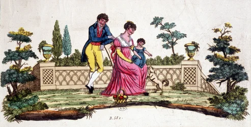 Famiglia in un parco. Incisione dei primi del XIX secolo