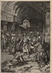 Diamanti famosi: il maharajah di Lahore, Ranjit Singh, prende il diamante Koh-i Nor. Incisione del 1885 in 