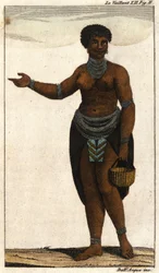Membro femminile della tribù sudafricana degli Ottentotti, incisione del 1820.
